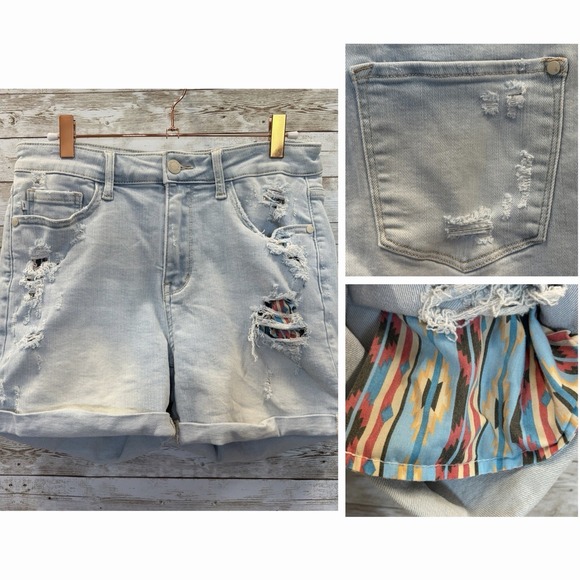 Judy Blue Pants - Judy Blue Womens M Shorts Aztec Pockets Peek Patches Cuffed High Rise JB150137